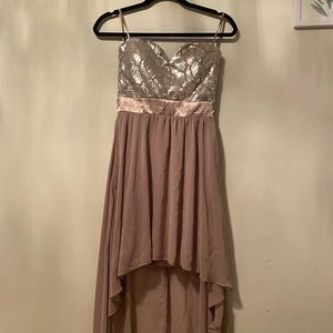 No shoulder dress with gems in the front